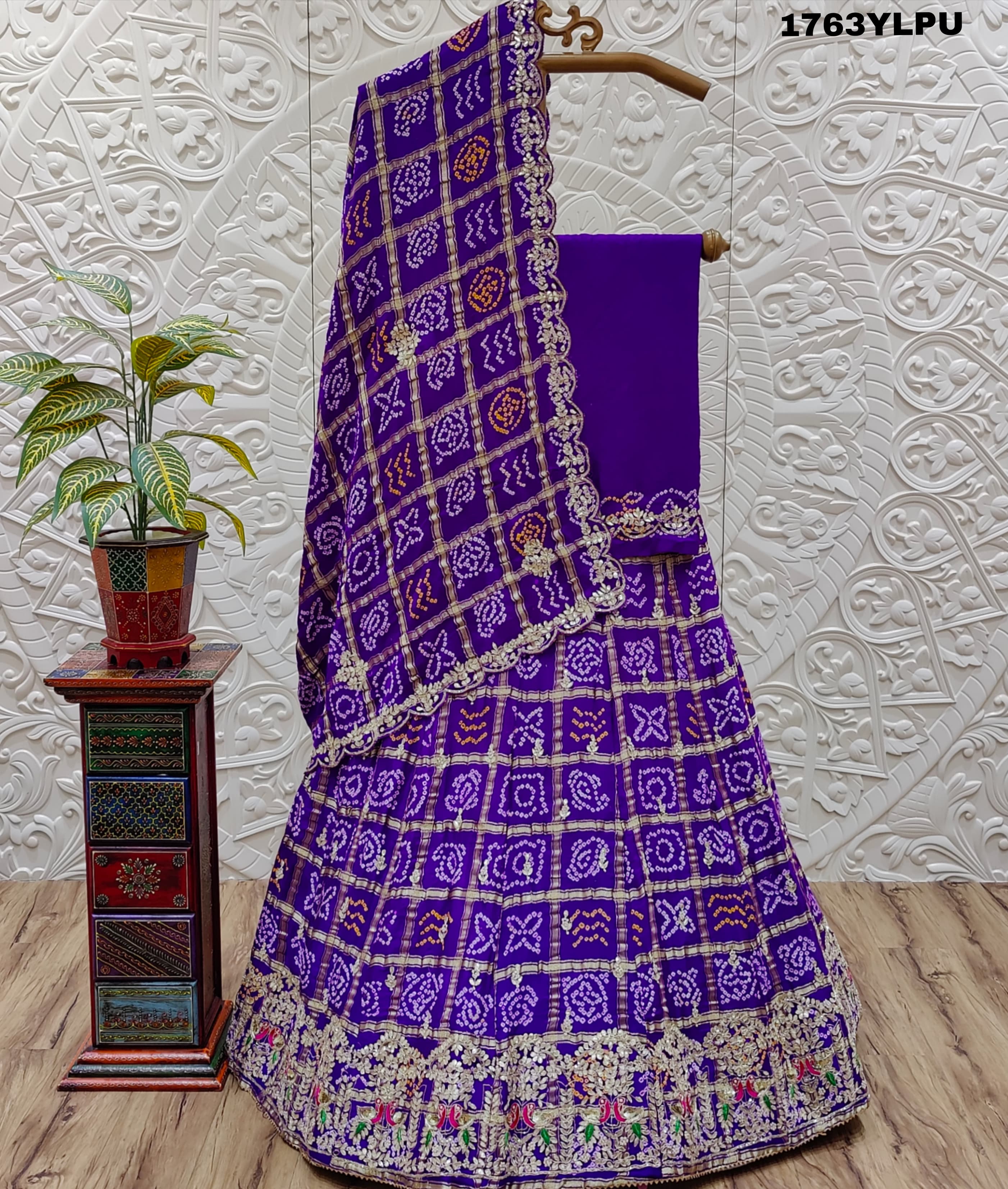  Gaji Silk Bandhani Gharchola with Cutdana Gota patti Work Lehenga
