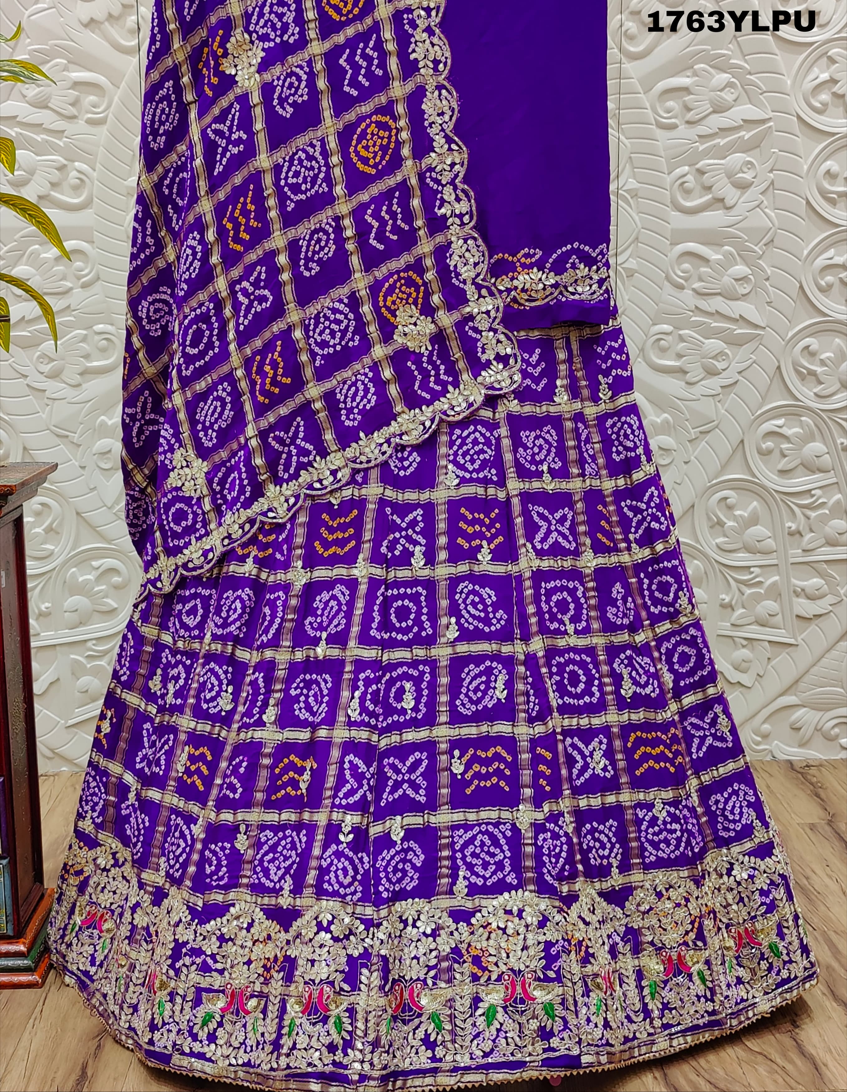  Gaji Silk Bandhani Gharchola with Cutdana Gota patti Work Lehenga