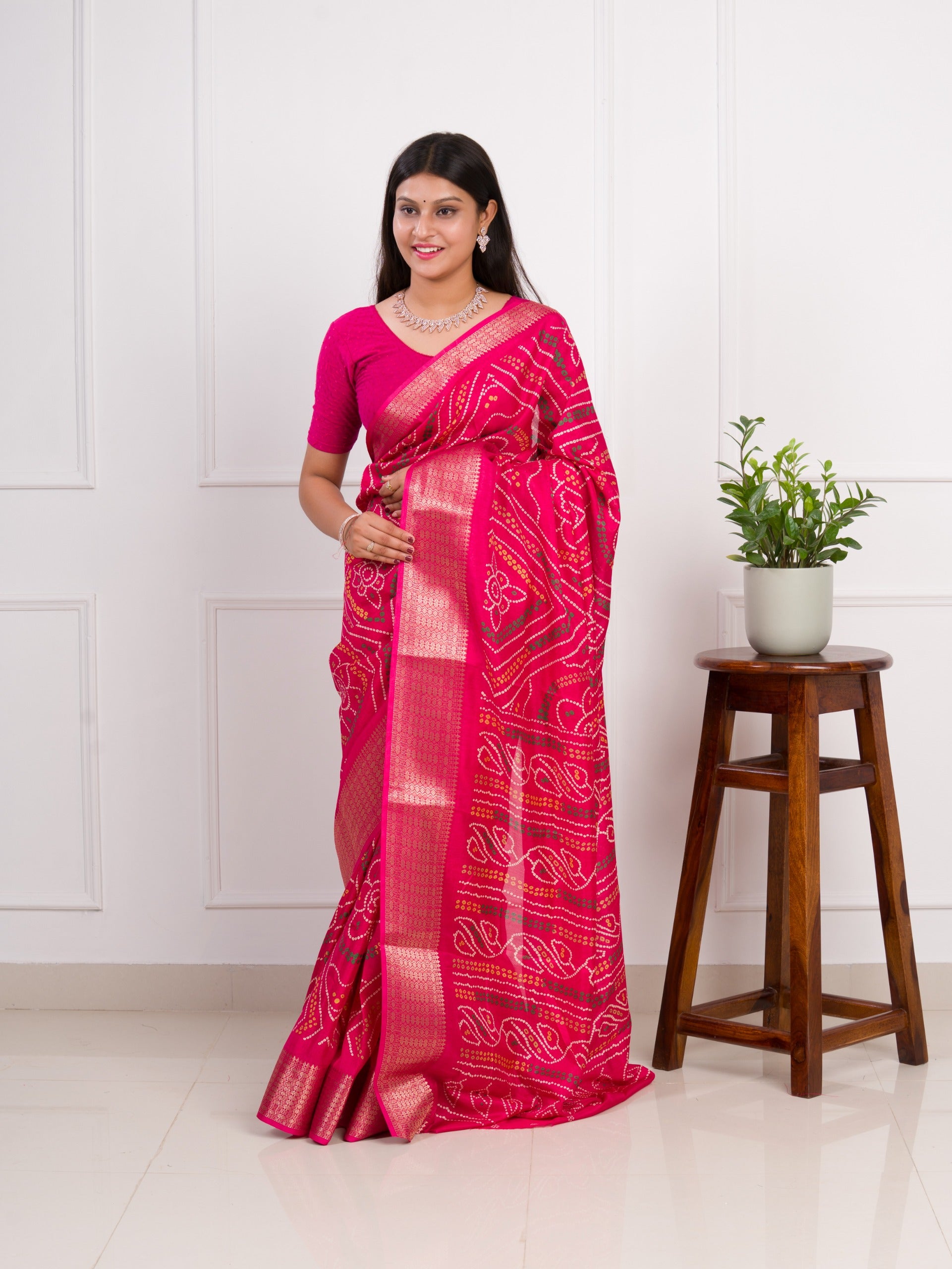  Cotton Silk Bandhani Style With Zari Border Work Sareein pink colour