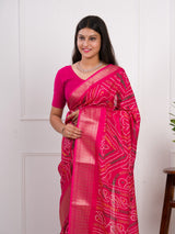  Cotton Silk Bandhani Style With Zari Border Work Sareein pink colour