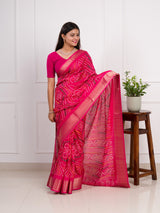  Cotton Silk Bandhani Style With Zari Border Work Sareein pink colour