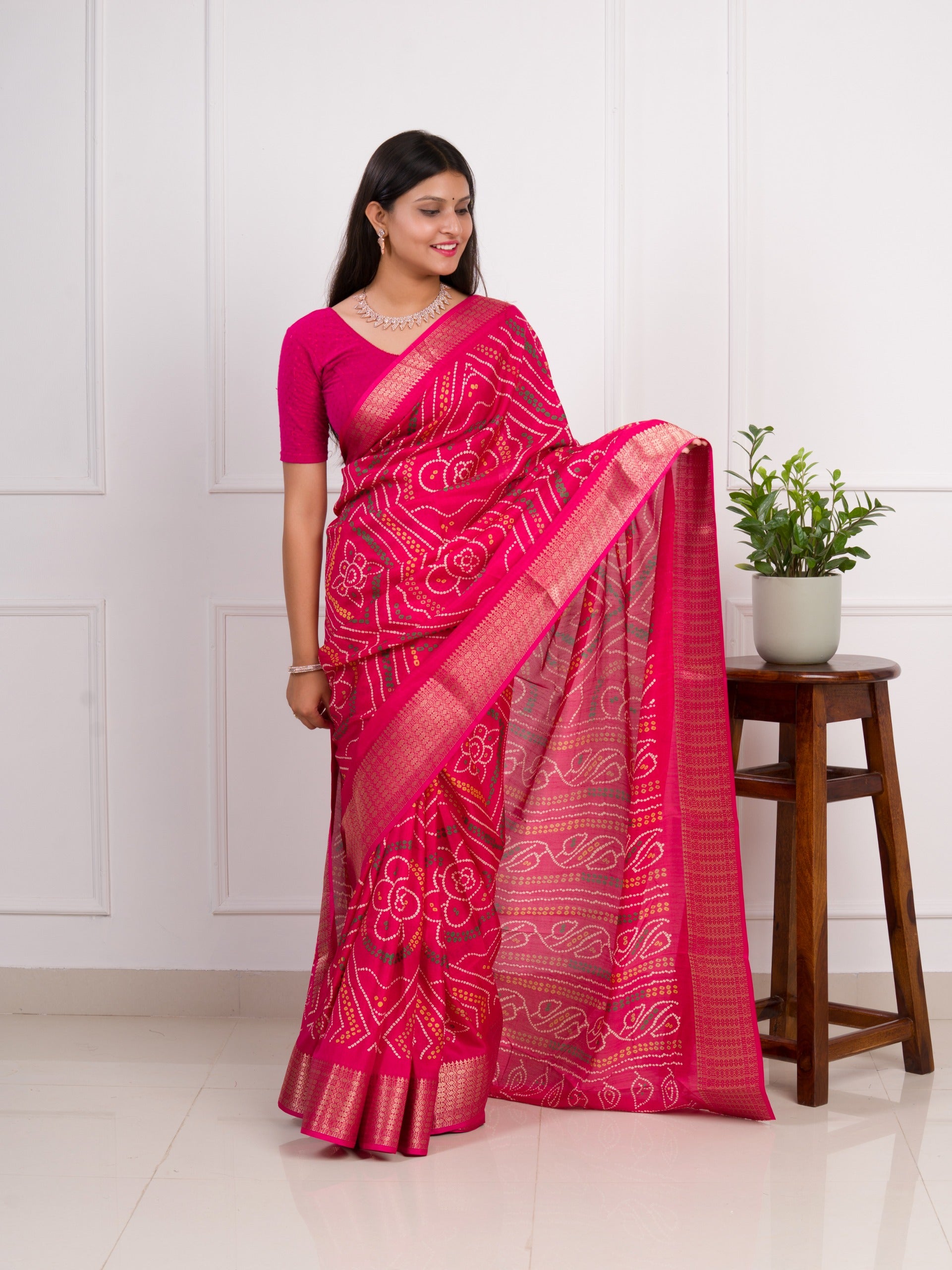  Cotton Silk Bandhani Style With Zari Border Work Sareein pink colour