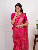  Cotton Silk Bandhani Style With Zari Border Work Sareein pink colour