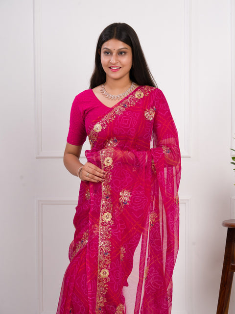 KcPc latest Royal Pink Bandhani Georgette Saree with Golden Embellishments JAY