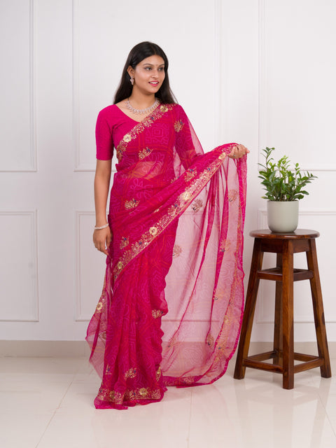 KcPc latest Royal Pink Bandhani Georgette Saree with Golden Embellishments JAY