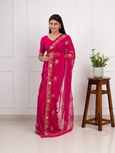 KcPc latest Royal Pink Bandhani Georgette Saree with Golden Embellishments JAY