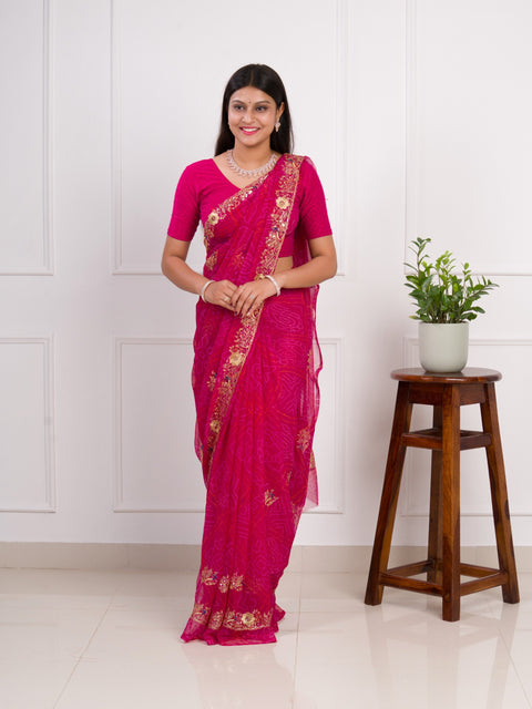 KcPc latest Royal Pink Bandhani Georgette Saree with Golden Embellishments JAY