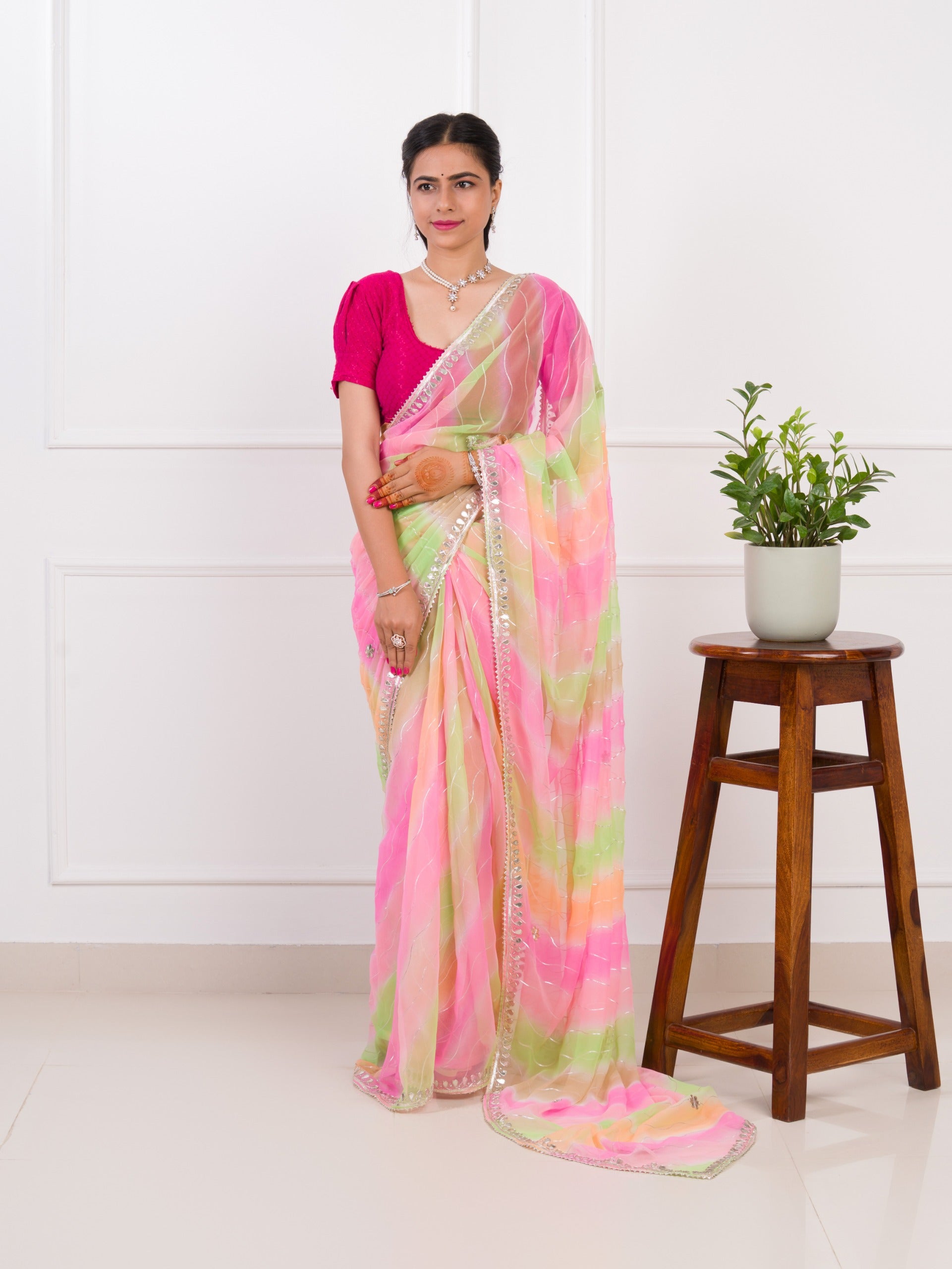 KcPc Beautiful Comfortable Chiffon Leheriya Saree with Gota Patti WorkAMT