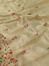  Kota Doriya Designer With Kashida Work Beige saree with floral patterns and a border 