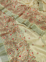  Kota Doriya Designer With Kashida Work Beige saree with floral patterns and a border 