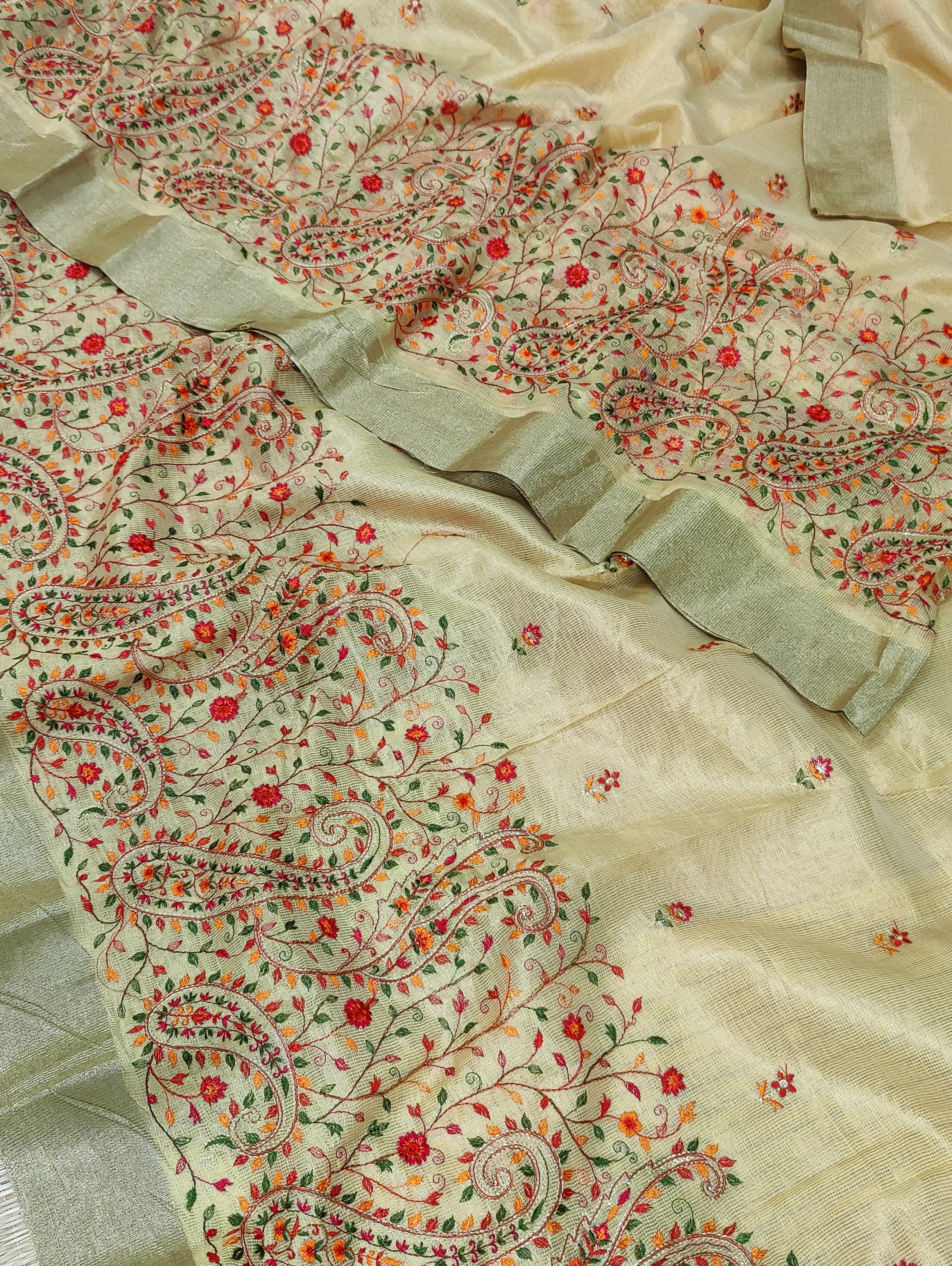  Kota Doriya Designer With Kashida Work Beige saree with floral patterns and a border 