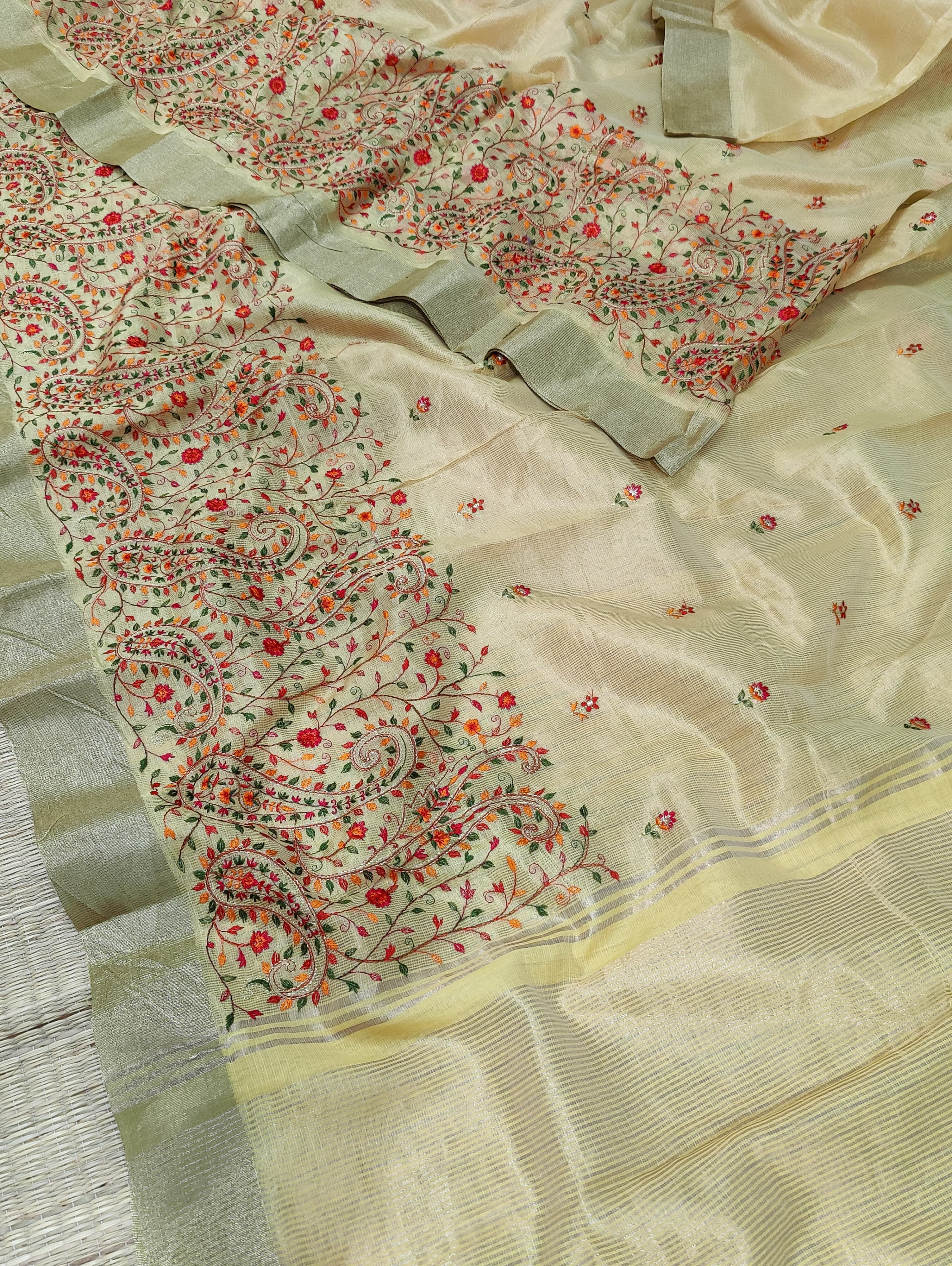  Kota Doriya Designer With Kashida Work Beige saree with floral patterns and a border 