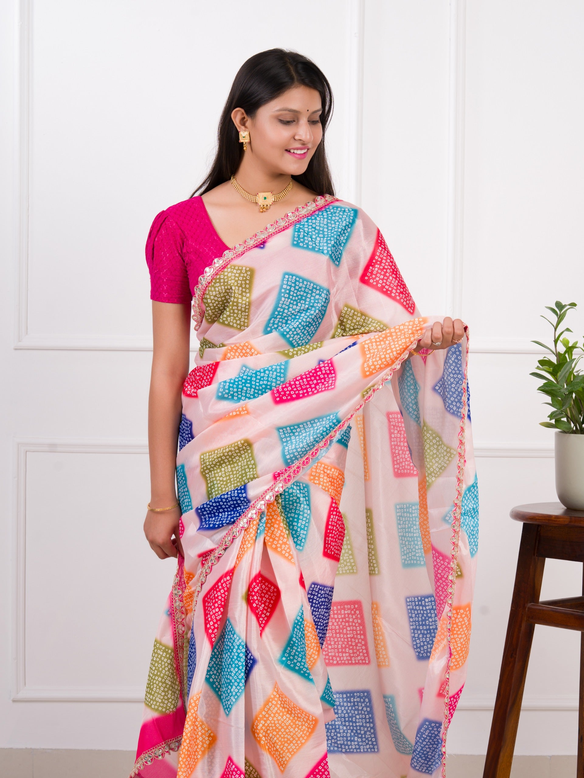  silk Bandhani Style With Gotapatti border work Saree in cream colour