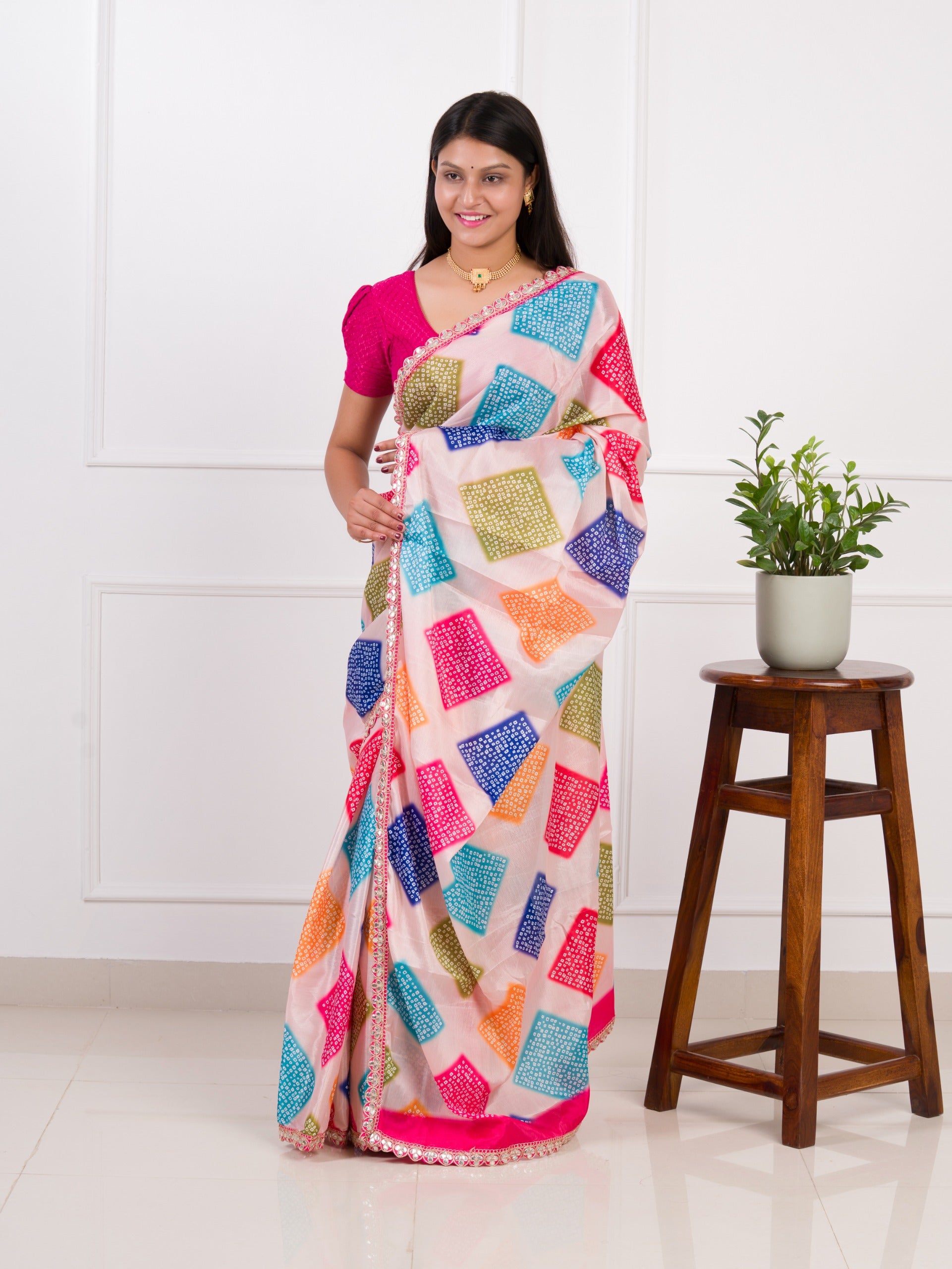  silk Bandhani Style With Gotapatti border work Saree in cream colour