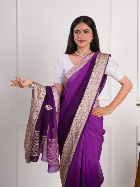 KcPc New Purple Pure H O Silk Jaipuri Gotapatti Mirror Work Saree  RG