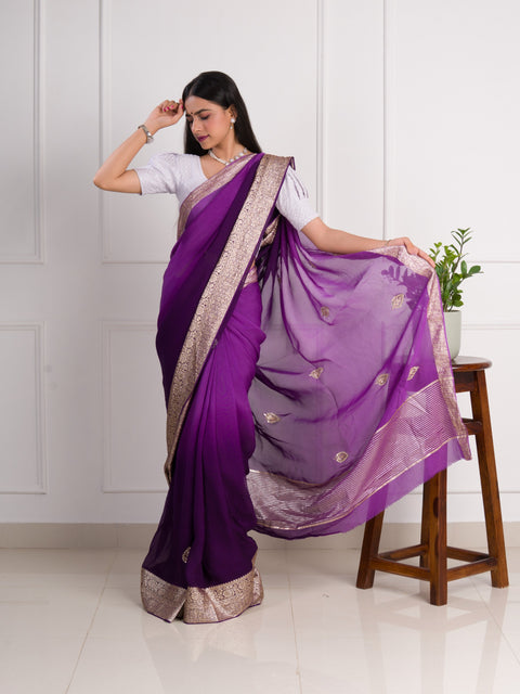 KcPc New Purple Pure H O Silk Jaipuri Gotapatti Mirror Work Saree  RG