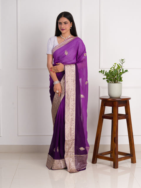 KcPc New Purple Pure H O Silk Jaipuri Gotapatti Mirror Work Saree  RG
