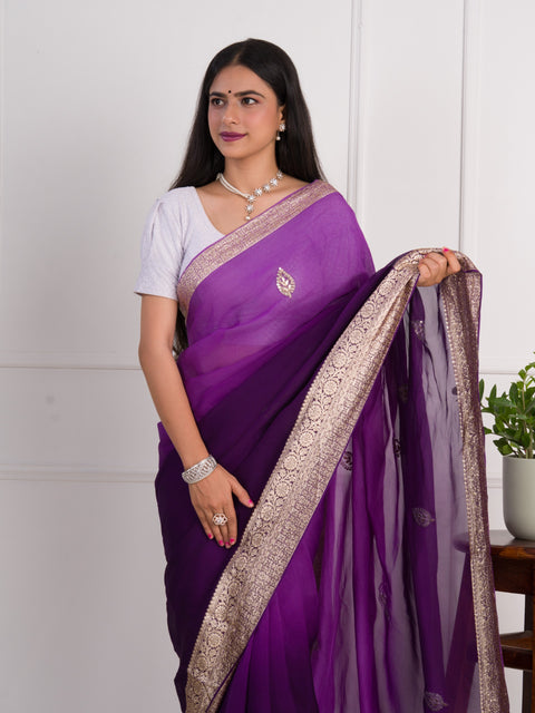 KcPc New Purple Pure H O Silk Jaipuri Gotapatti Mirror Work Saree  RG