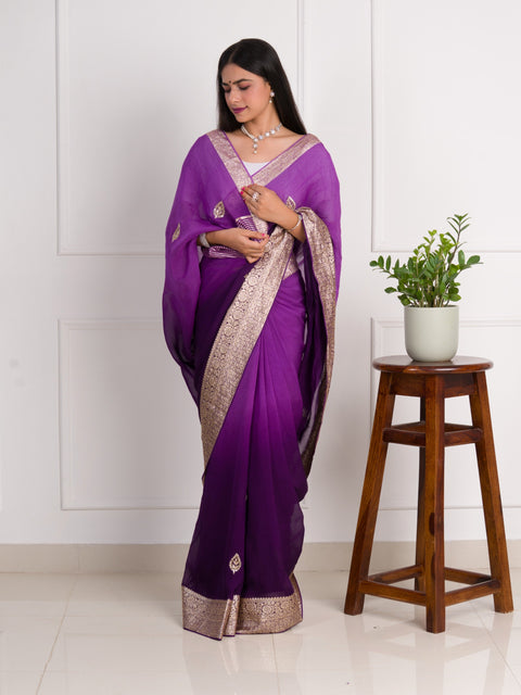 KcPc New Purple Pure H O Silk Jaipuri Gotapatti Mirror Work Saree  RG