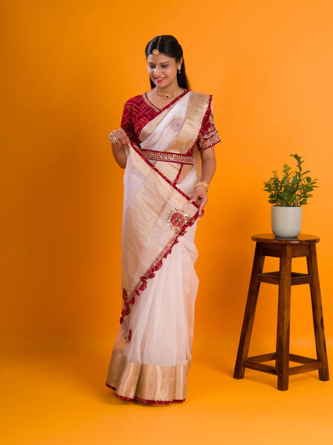 KcPc Pure Organza Gota Patti Bandhej Work Saree  satis