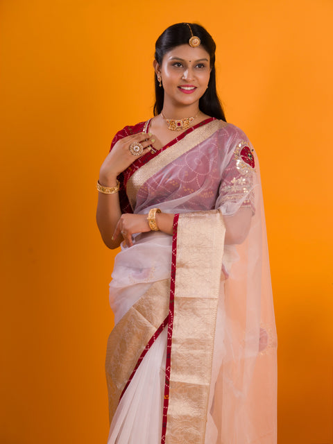 KcPc Pure Organza Gota Patti Bandhej Work Saree  satis