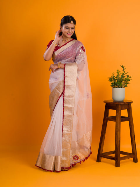 KcPc Pure Organza Gota Patti Bandhej Work Saree  satis