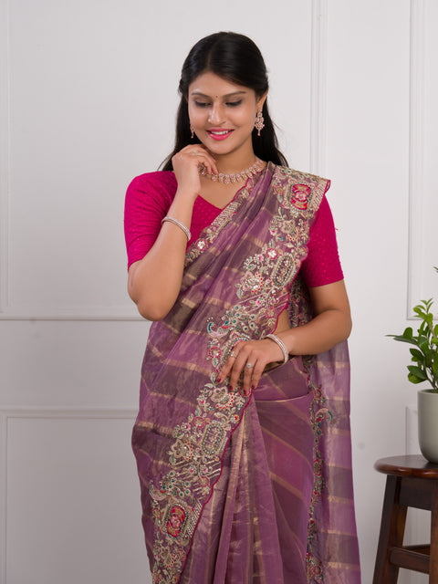 KcPc Special Rich Purple Tissue Silk Saree with Thread Embroidery Work  PAL