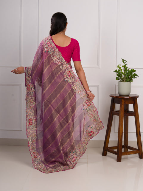 KcPc Special Rich Purple Tissue Silk Saree with Thread Embroidery Work  PAL
