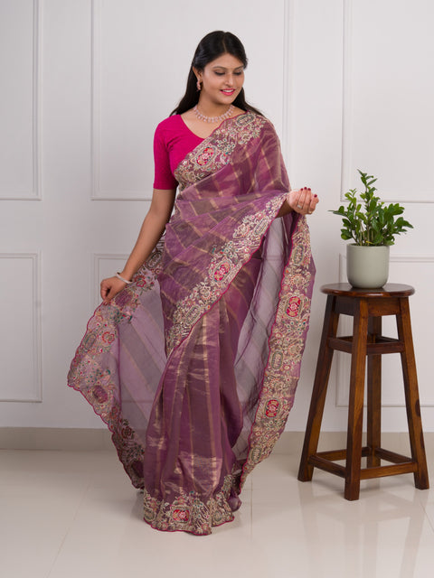 KcPc Special Rich Purple Tissue Silk Saree with Thread Embroidery Work  PAL