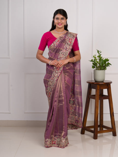 KcPc Special Rich Purple Tissue Silk Saree with Thread Embroidery Work  PAL