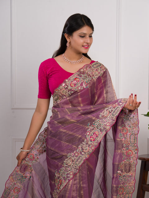 KcPc Special Rich Purple Tissue Silk Saree with Thread Embroidery Work  PAL