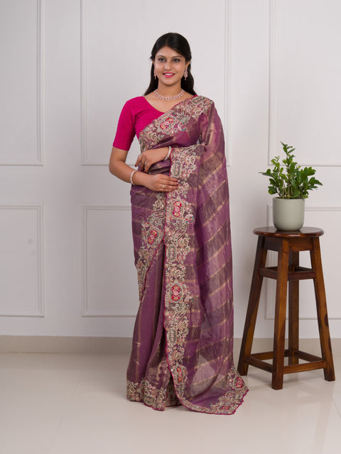 KcPc Special Rich Purple Tissue Silk Saree with Thread Embroidery Work  PAL