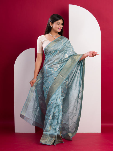 KcPc New Cotton Silk Gotapatti Work Saree  Sky Blue