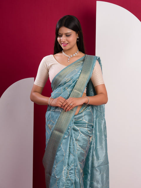 KcPc New Cotton Silk Gotapatti Work Saree  Sky Blue