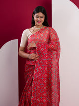 Kota Doria Saree inRed colour under 1000