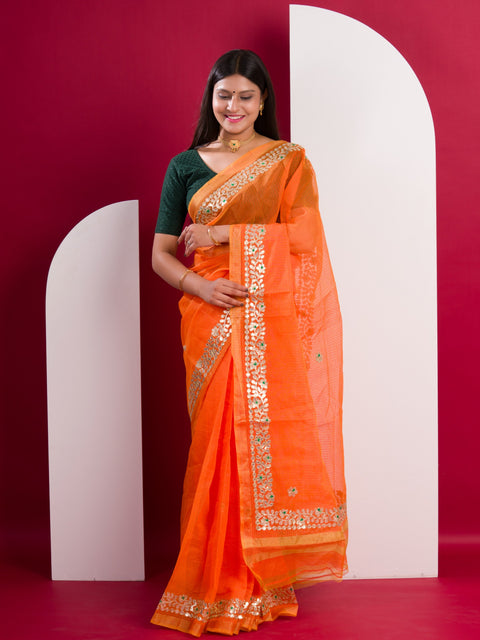 KcPc Pure Kota doria cotton with Gota patti work saree Orange