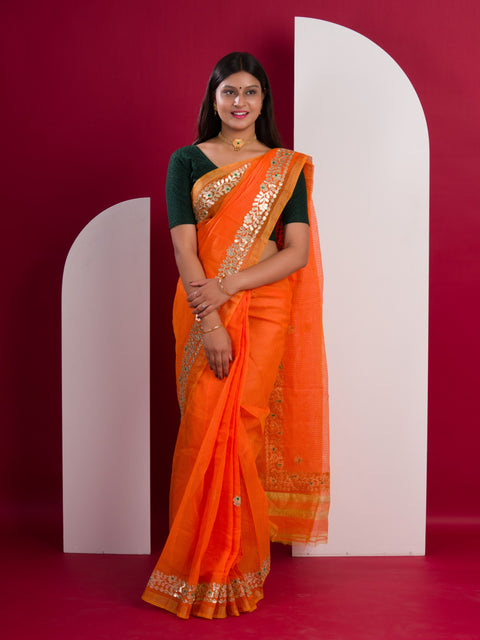 KcPc Pure Kota doria cotton with Gota patti work saree Orange