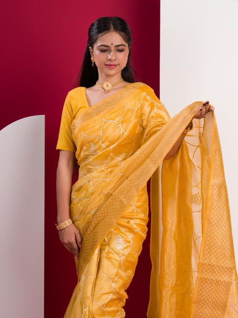 KcPc New Cotton Silk Gotapatti Work Saree  Yellow