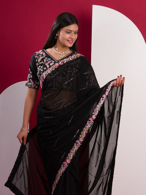 KcPc Pure Blooming NATURAL Rangoli Silk Saree with Elegant Sequence Design Saree Black  HM