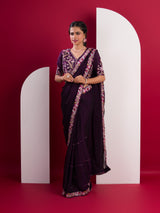 KcPc Premium Chiffon Silk Saree with Kashida Embroidered Readymade Blouse HM