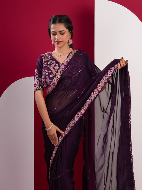 KcPc Pure Blooming NATURAL Rangoli Silk Saree with Elegant Sequence Sesign Saree Purple HM