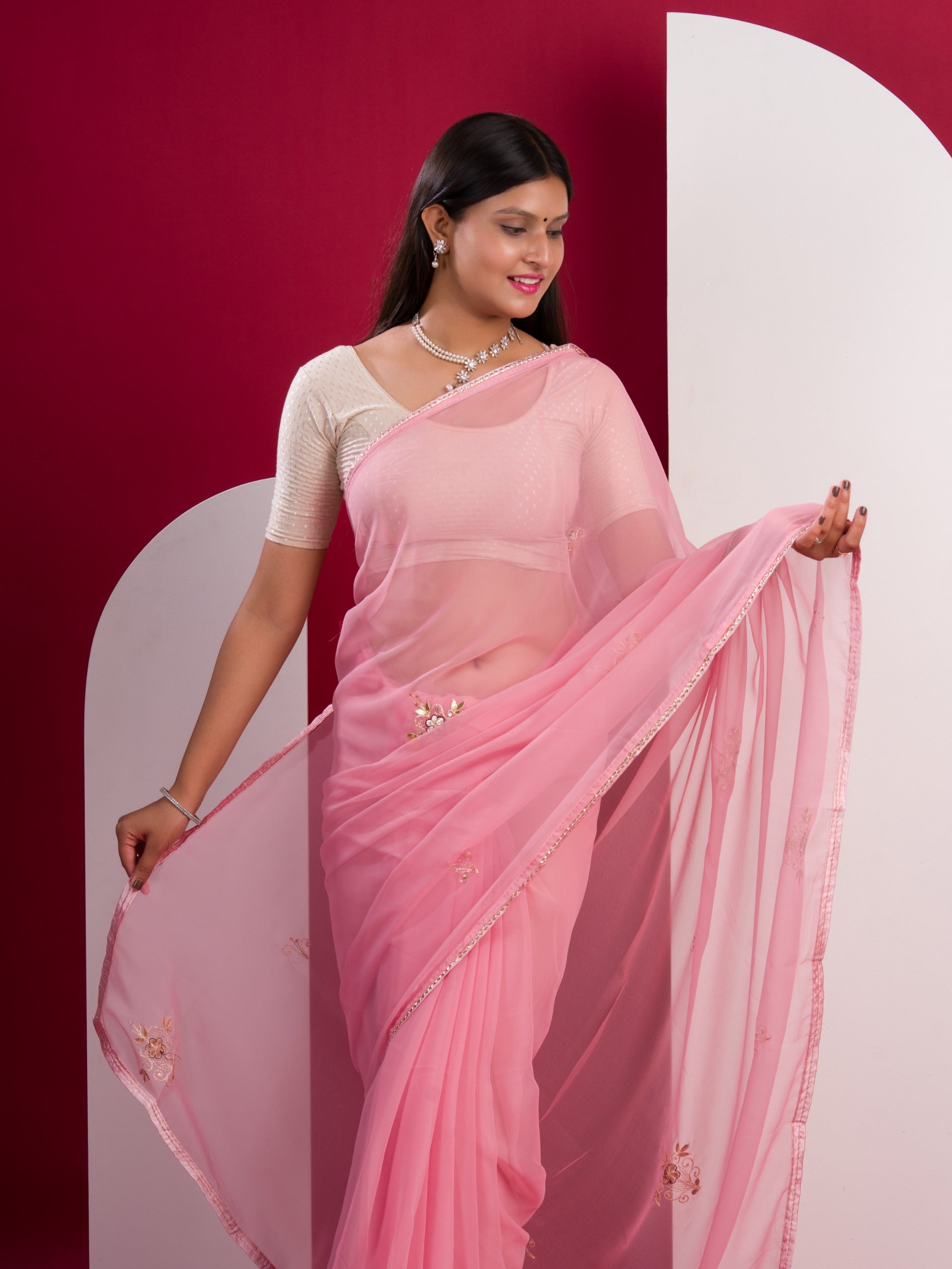 振袖ピンク（PATTI PATTI) Pink Wedding Wear Bandhani Zardozi Gota Work Georgette Saree