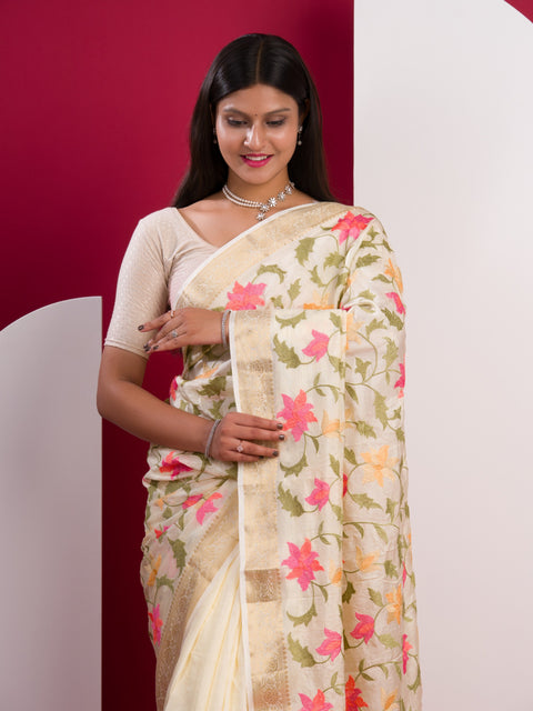 KcPc New Designer Pure Chinon Kashida Embroidery Banarasi Zari Border Saree  MAD