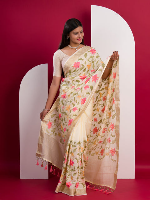 KcPc New Designer Pure Chinon Kashida Embroidery Banarasi Zari Border Saree  MAD