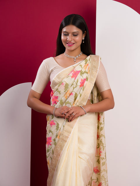 KcPc New Designer Pure Chinon Kashida Embroidery Banarasi Zari Border Saree  MAD