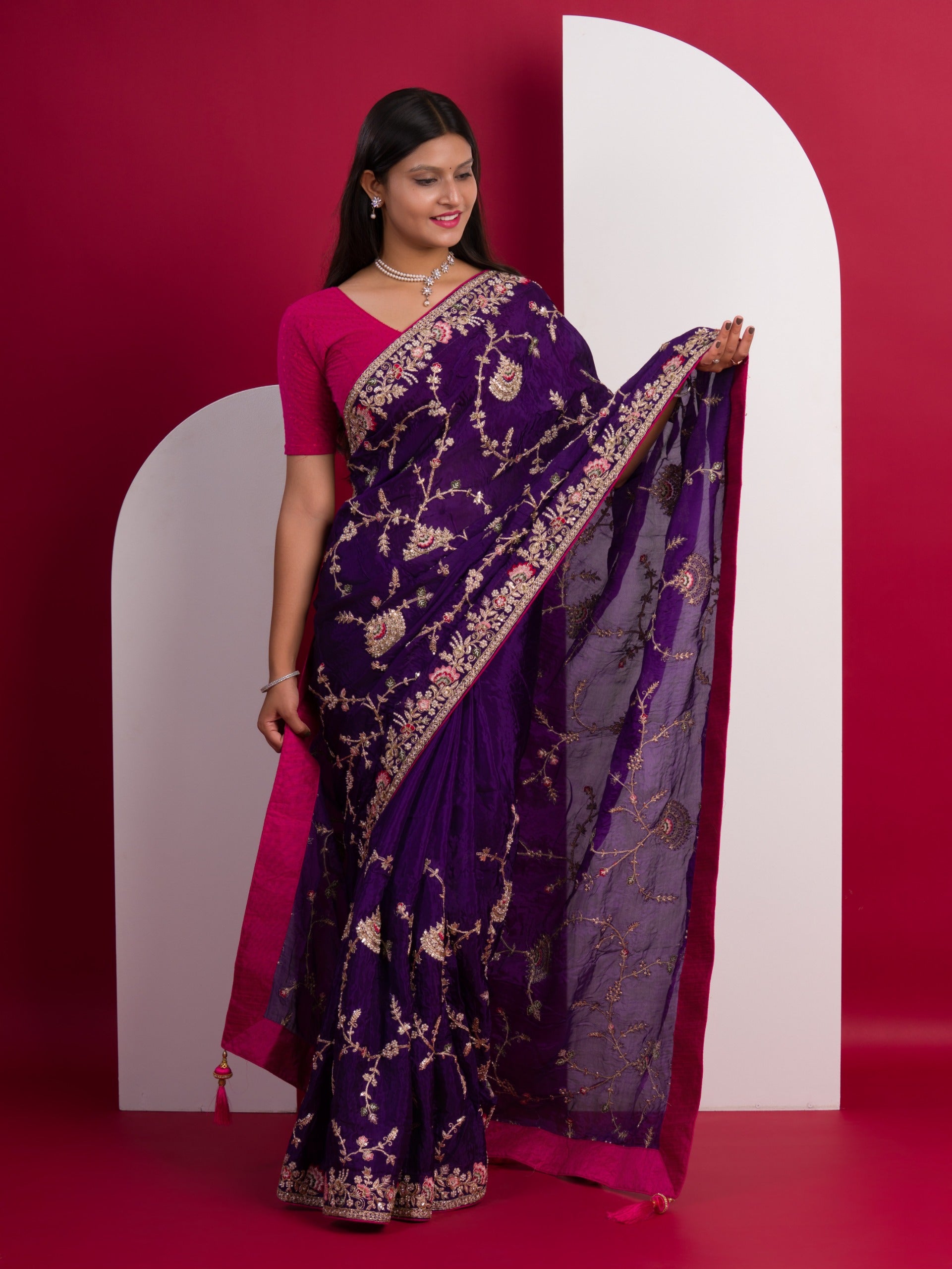 Chinon Rajwadi Style Sequence Embroidery Work saree in purple colour