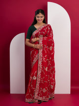  Chinon Rajwadi Style Sequence Embroidery Work saree in red colour