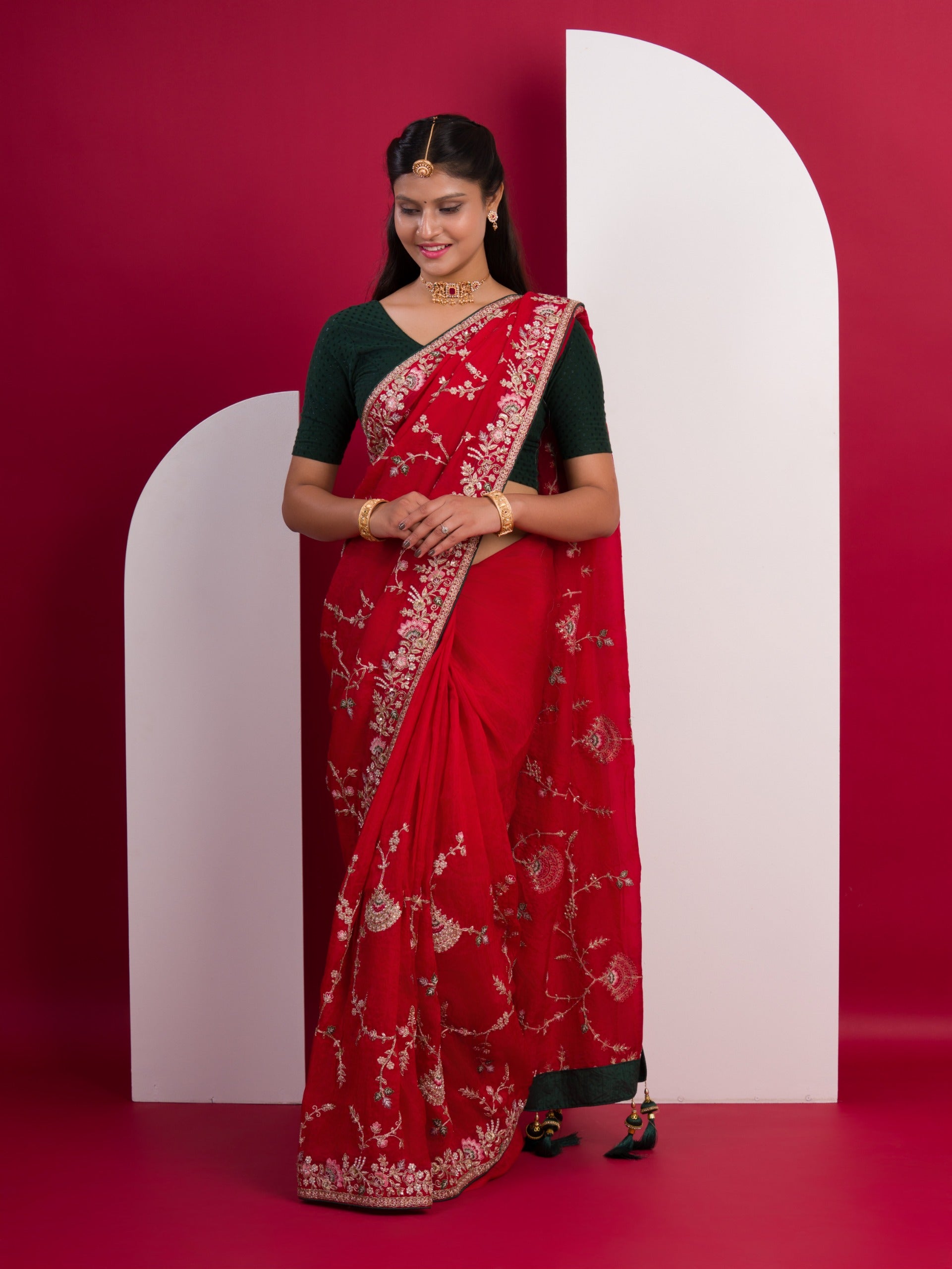  Chinon Rajwadi Style Sequence Embroidery Work saree in red colour
