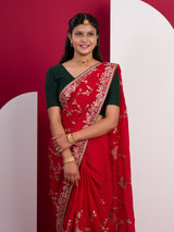  Chinon Rajwadi Style Sequence Embroidery Work saree in red colour