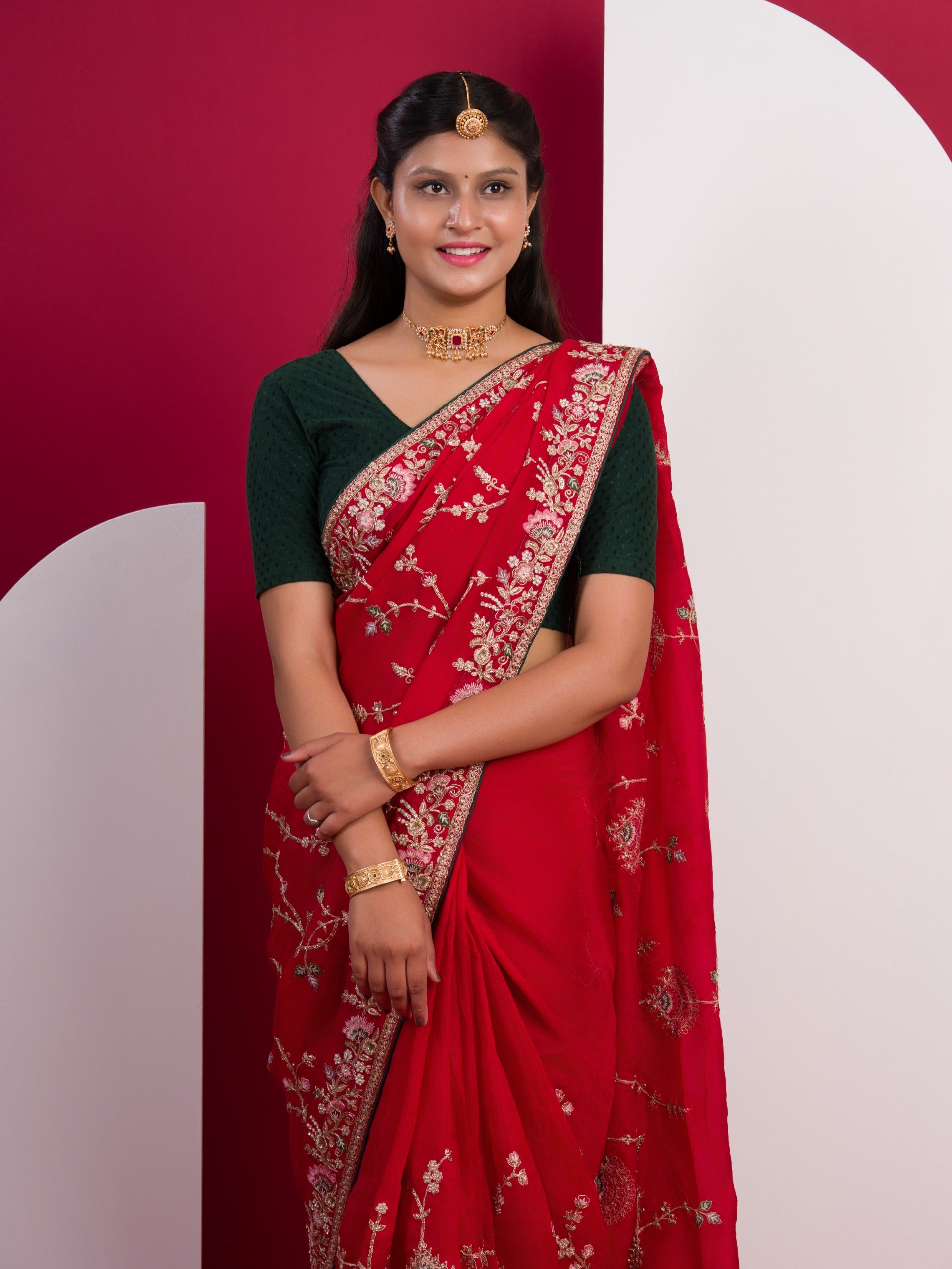  Chinon Rajwadi Style Sequence Embroidery Work saree in red colour